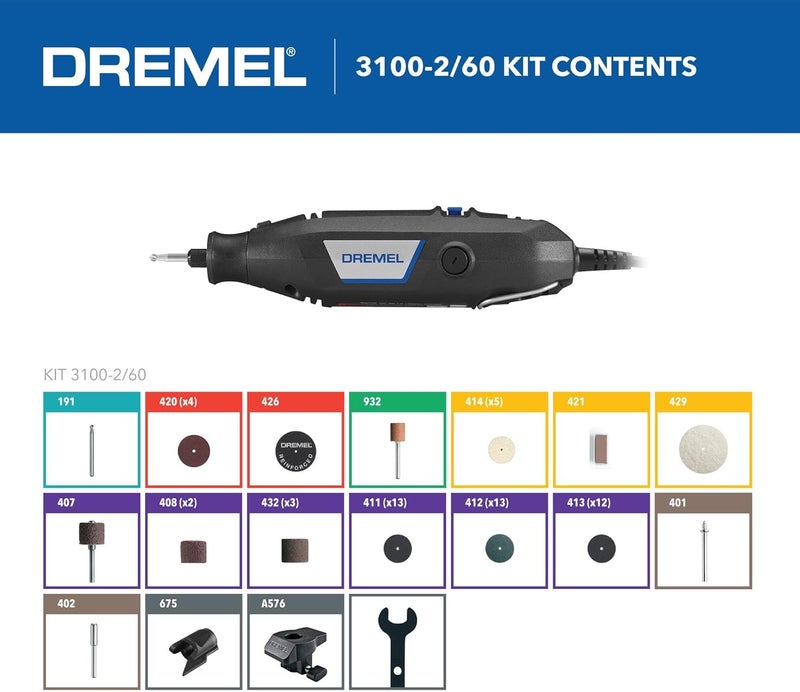 DREMEL 3100-2/60 Variable Speed Rotary Tool Kit- 2 Attachments and 60 Accessories, Ideal for a Variety of Crafting and DIY Projects- Cutting, Sanding, Grinding, Polishing, Drilling, and Engraving - Image 2